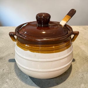 May include: A ceramic sugar bowl with a lid and a spoon. The bowl is white with brown and yellow bands, and a brown lid and handle. The spoon has a brown and white handle. The bowl has two handles.