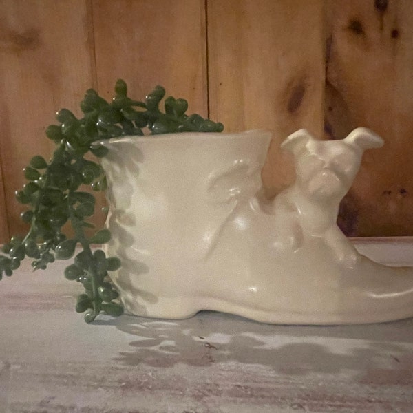 DOG & SHOE PLANTER…Shawnee Pottery…Thick…Ivory…Dog Collectible…Vintage Planter…U.S.A…1950s #581