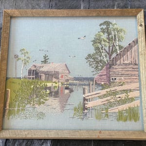 CREWEL EMBROIDERY…&quot;Logan&#39;s Creek&quot;…Wool Yarn on Fabric…Large Framed Art…Landscape Scene…Heavyweight, Rough Cut, Wooden Frame…1960s #000B