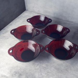 FRUIT/BERRY BOWLS…Set of 5…Royal Ruby Red Glass…Open, Scrolled Handle Design…Ribbed Line Designs…Depression Glass 1930s/1940s  #000Bx17
