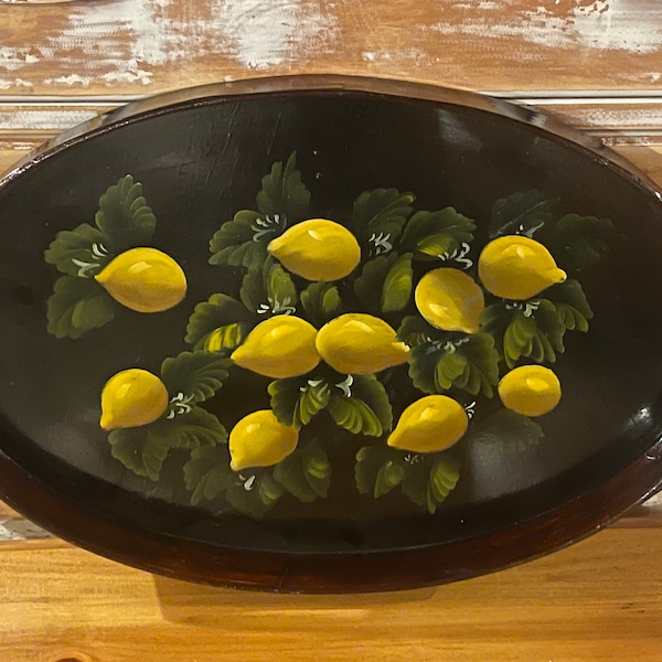 WOODEN LEMON TRAY…Hand Painted…Large, Oval Tray…Dark, Stained Wood…Lacquer…Low, Rounded Sides…Serving Tray…Side Handles…Vintage #W.T.