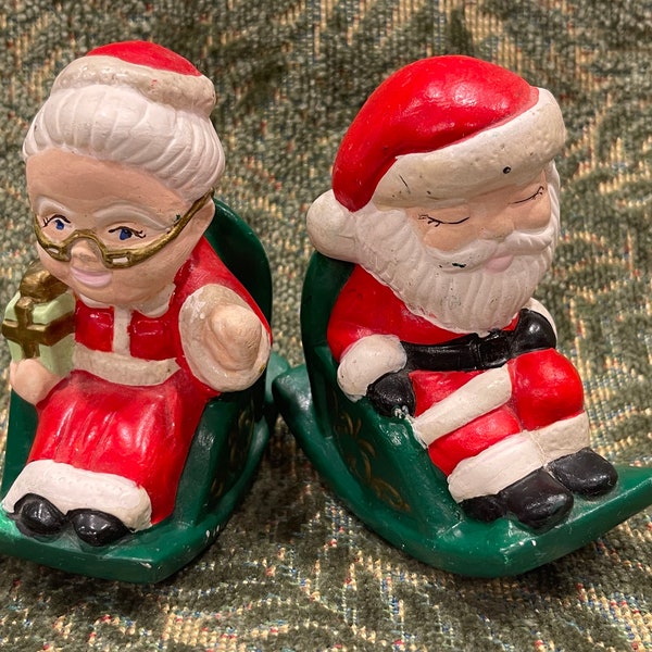 SANTA & MRS. CLAUS Ceramic Figurines…Hand Painted…Gold Accents…Rocking Chairs Rock To and Fro!…Retro Christmas Decor…1980s #403