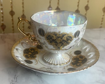 MOTHER OF PEARL Teaset…Ucagco… Iridescent/Lusterware…Handpainted Porcelain…Teacup and Saucer…Black and White…1950s Japan #000Bx18