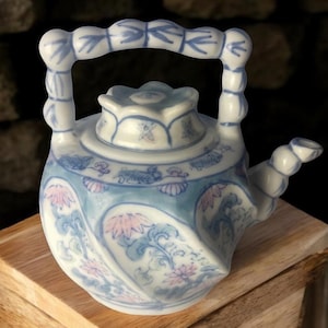 CHINESE TEAPOT…Porcelain Lidded Teapot…Blue, Green and Pink Floral Designs…Flower Lid…Bamboo-Look Handle…Vintage #000Bx16