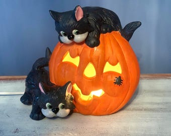 CAT & PUMPKIN Light Up…House of Lloyd…Two Black Cats and Jack o’ Lantern…Cutbout Face…Nightlight Bulb…Vintage Halloween…On/Off Switch…1990s