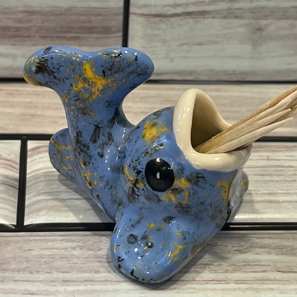 WHALE TOOTHPICK HOLDER…Glazed Blue Ceramic…Colorful Splatter Design…Open Mouth…Small…1950s/60s Japan #207