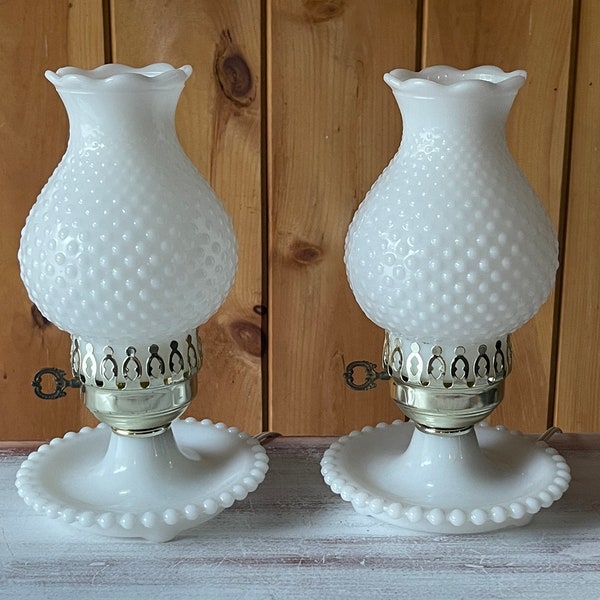 MILK GLASS LAMPS…Table Lamps…Set of 2…Hobnail…Scalloped Edge…Metal Hardware…Jewelry Tray…Beaded Edge…Hurricane Shade…Key Knob…Electric…1960s