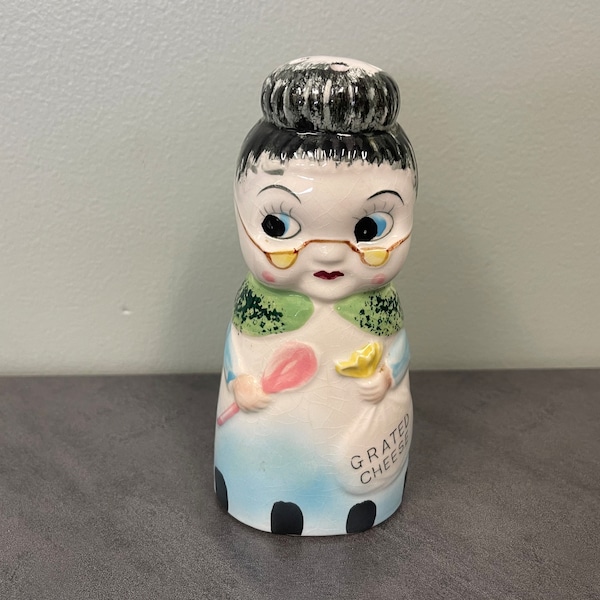 GRANDMA CHEESE SHAKER…Grated Cheese Dispenser…Italian Grandmother…Top Holes…Hand Painted Cork Bottom…Glazed Ceramic…Tilson…1950s #267