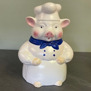 PIG COOKIE JAR…C.K.A.O…Large…Chef…Painted Pink Details…Blue Neckerchief and Buttons…Large, Pig Shaped Jar…Vintage #WB1