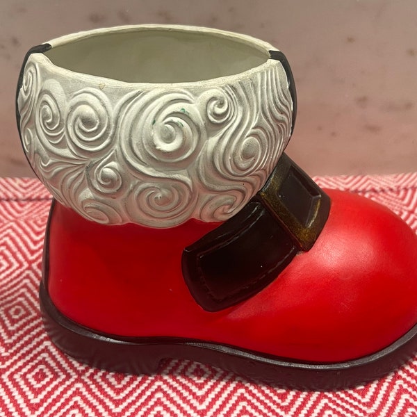 SANTA BOOT PLANTER…Gare, Inc Paint Mold…Hand Painted…Swirled Fur Cuff Design…Large Red Boot…Black Buckle…Signed Bottom…Christmas…1975 #234