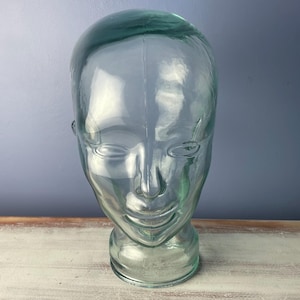 GLASS MANNEQUIN HEAD…Extra Large…Thick, Clear, Green Glass…Display Mannequin Head…Hat Stand, Wig Stand…Display Stand…Glass Face…Vintage