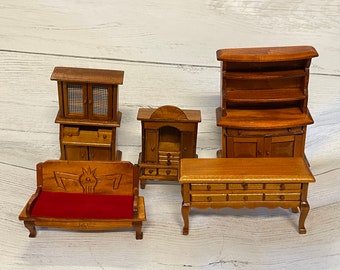 HANDMADE DOLL FURNITURE…Wooden…5 Pieces…Hand made, Carved and Stained…Removable Drawers…Open/Close Doors…Vintage…Gorgeous Set! #W.T.
