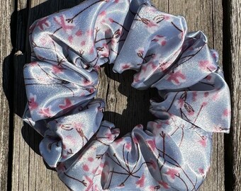 Greyish Blue Pink Floral Cherry Blossom Print Satin Hair Scrunchie for Mom Teen or Girls