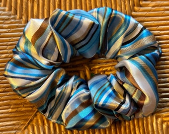 Groovy Satin Scrunchie featuring a wavy  pattern with shades of Blues and Brown for Moms Teen and Girls Hair Accessories