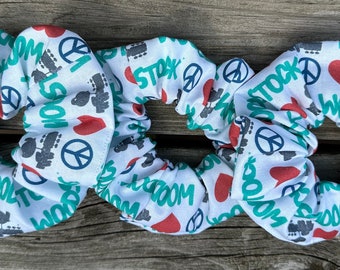 Woodstock Themed Wide Hair Scrunchie White Red Green Peace