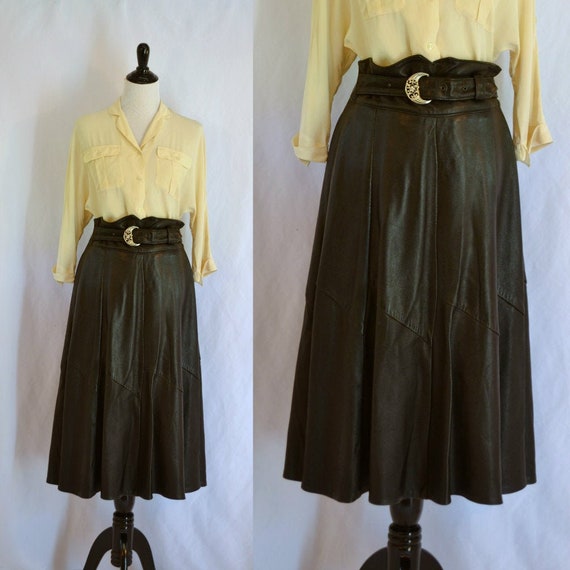 Leather Flare Skirt with Attached Belt Vintage Hig