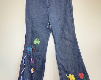 1960s Vintage Wrangler Jeans Embroidered Distressed Jeans Women's Hippie Boho