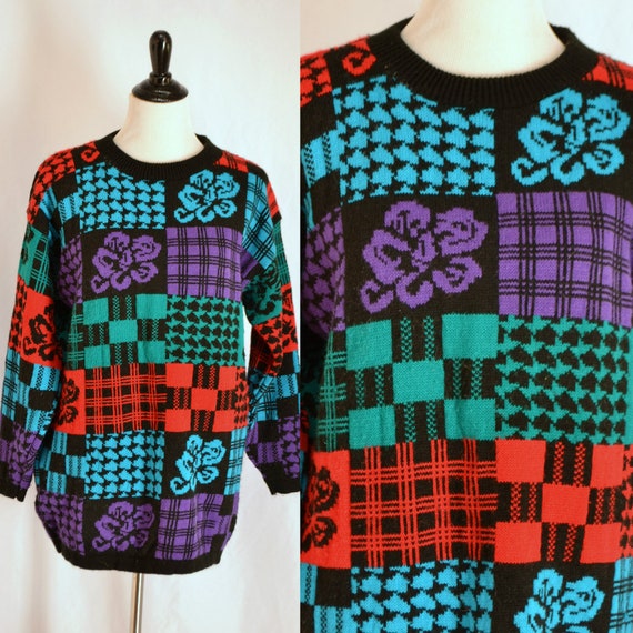 80s 90s Bright Colored Patchwork Sweater Chunky Ov