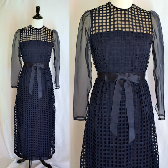 Vintage Navy Basket Weave Sheer Top Maxi Dress She