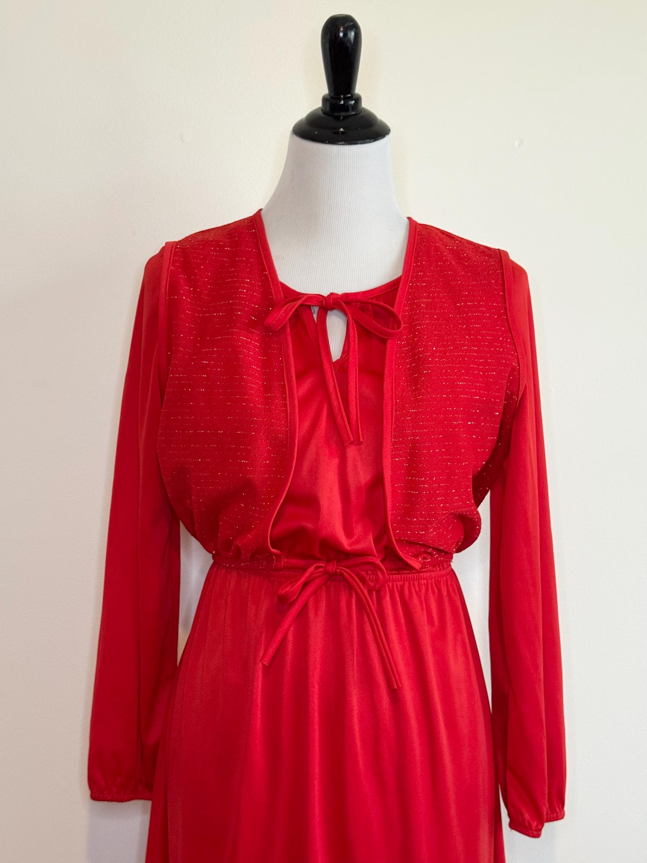 red disco dress Vintage 70s Red Disco Dress With Sparkly With Metallic Threads Vest