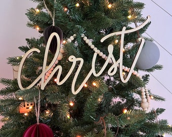 Christ Christmas Tree Ornament Word, Handwritten Wood Words