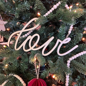 Love Christmas Tree Ornament Word, White Hand Lettered Laser Cut Christmas Ornaments