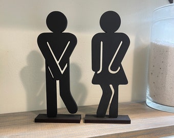 Funny Bathroom Decor, Set of 2 Standing Bathroom People Sign Wood Cutout Laser Cut Restroom Boy Girl Bath Sign