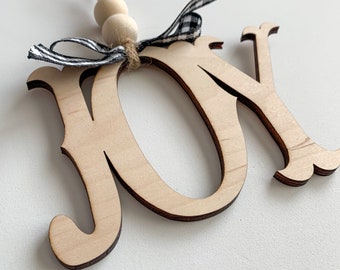 Joy Christmas Tree Ornament Word, Laser Cut Wooden Vintage Christmas Ornaments With Beads