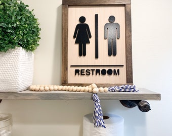 Restroom Wood Sign, Laser Cut Bathroom Sign, Boy Girl Bathroom People Sign