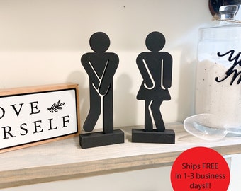 Set of 2 Standing Bathroom Sign People Wood Cutouts 3 Color Options! Laser Cut Restroom Men & Women Bathroom Decor, Boys, Girls Bath Sign