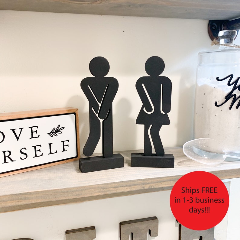 Standing Bathroom Sign People: Laser Cut Wood Restroom Decor (Set of 2) image 1