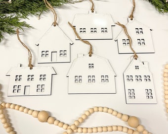 Set of 6 Snowy House Christmas Tree Ornaments, Christmas Gift Ornaments, White Winter Wonderland Ornaments