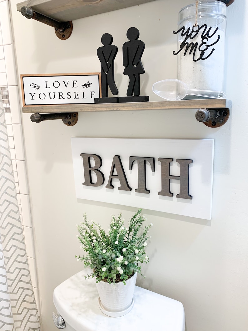 Standing Bathroom Sign People: Laser Cut Wood Restroom Decor (Set of 2) image 3