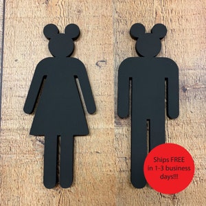 Set of 2 Bathroom Sign People Mouse Ears Wood Cutouts, Laser Cut Restroom Men & Women Bathroom Decor, Boys, Girls Bath Sign