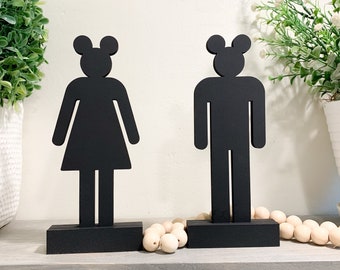 Funny Bathroom Decor- Set of 2 Standing Bathroom Sign People, Restroom Men & Women Bathroom Decor, Boys, Girls Bath Sign, Mouse Ears