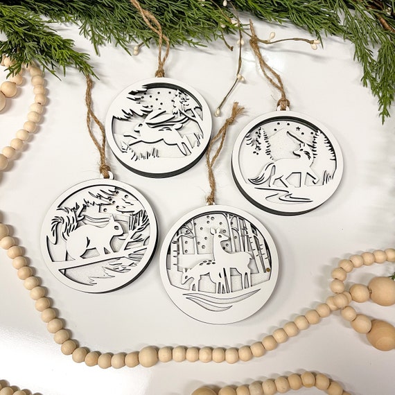 Clearance Sale 4 White Woodland Animals Winter Scene Christmas Tree  Ornaments, Christmas Gift Tags, White Christmas Decor 