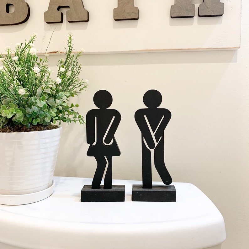 Set of 2 Standing Bathroom Sign People Wood Cutouts 3 Color Options Laser Cut Restroom Men & Women Bathroom Decor, Boys, Girls Bath Sign image 2