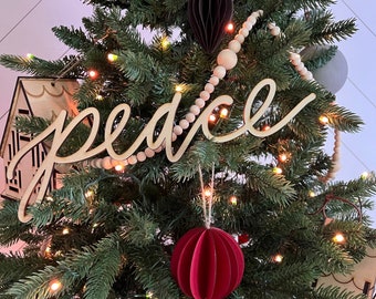 Peace Christmas Tree Ornament Word, Hand Lettered Natural Wood Laser Cut Christmas Ornaments