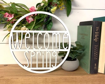 Welcome Spring Circle Wood Word Cutout Wreath Decor, Welcome Sign, White Hello Laser Cutout