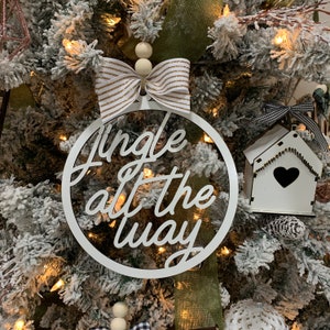 Large Jingle all the Way White Christmas Tree Ornament Word Circle, Laser Cut Christmas Ornaments with Wood Beads and Ribbon