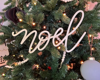 Noel Natural Wood Christmas Tree Ornament Word, Hand Lettered Laser Cut Christmas Ornaments