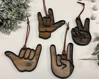 Set of 4 Hand Sign Christmas Tree Ornaments, Christmas Gift Ornaments, Peace Sign, Rock On, I Love You, Hang Loose
