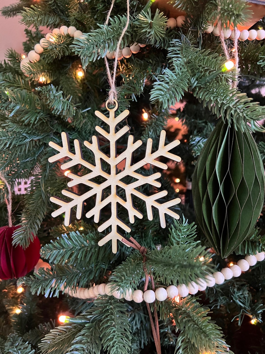 Wooden Snowflake Christmas Tree Ornaments, Natural Wood Laser Cut