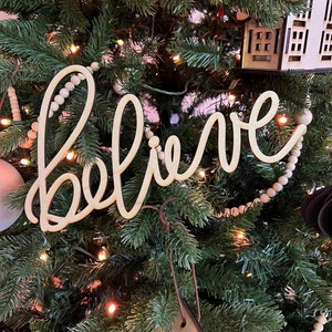 Believe Christmas Tree Ornament Word, Hand Lettered Natural Wood Laser Cut Christmas Ornaments
