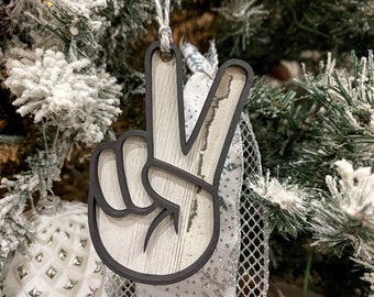 Hand Sign Christmas Tree Ornaments: Peace, Love, Rock On, Hang Loose - Set of 4