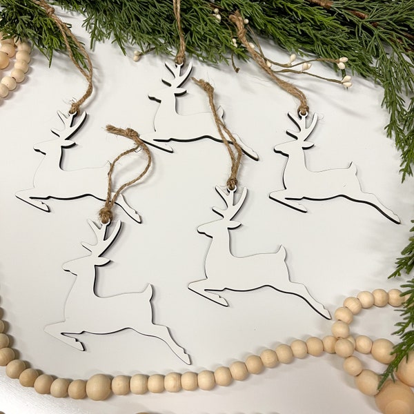 Clearance Sale! White Christmas Deer Ornaments- Set of 5 or 10, White Laser Cut Christmas Ornaments, Reindeer Ornaments Cutout