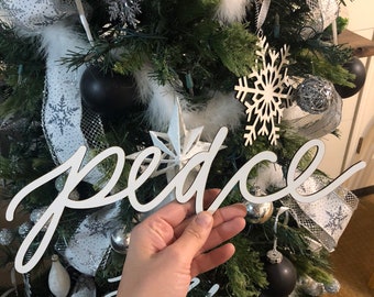 Peace Christmas Tree Ornament Word, Hand Lettered White Laser Cut Christmas Ornaments