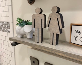 Set of 2 Standing Bathroom Sign People Wood Cutouts 7 Color Options! Laser Cut Restroom Men & Women Bathroom Decor, Boys, Girls Bath Sign