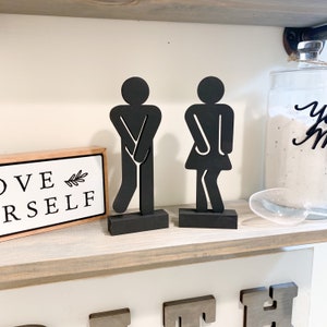 Standing Bathroom Sign People: Laser Cut Wood Restroom Decor (Set of 2) image 4