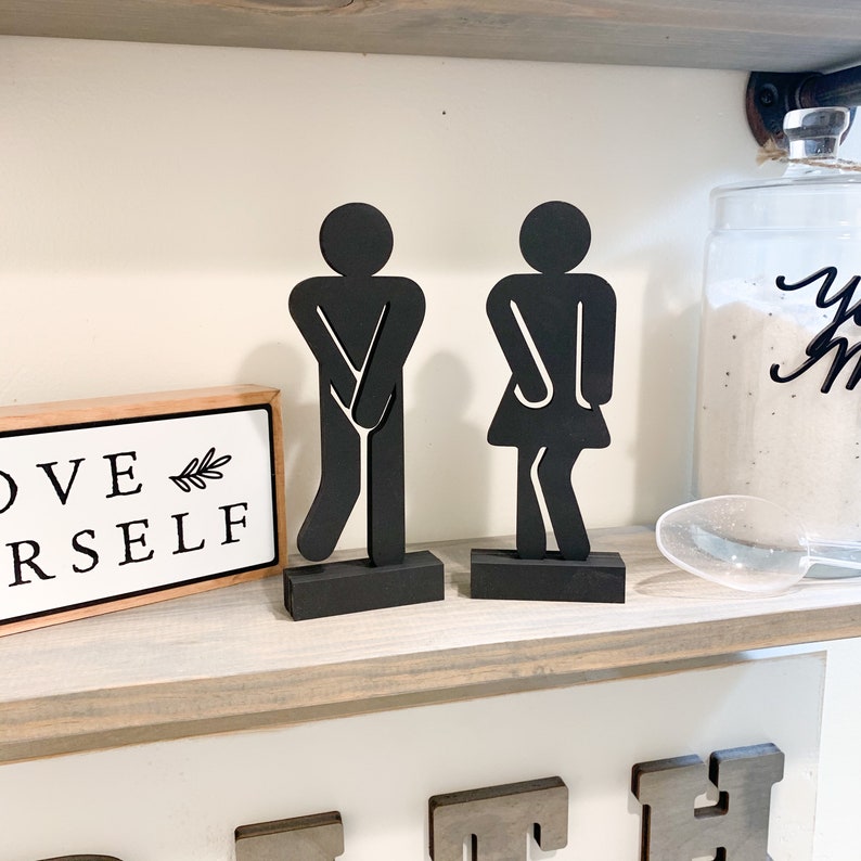 Set of 2 Standing Bathroom Sign People Wood Cutouts 3 Color Options Laser Cut Restroom Men & Women Bathroom Decor, Boys, Girls Bath Sign image 4